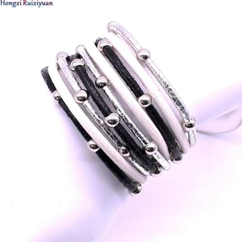 Multilayer womens leather bracelets unique mixed leather beads rope magnetic bracelet handmade bohemian bangle jewelry