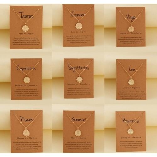 2021 Fashion 12 Constellation Necklace Women Men Gold Chain Zodiac Sign Round Coin Pendant Necklace Couple Jewelry Birthday Gift