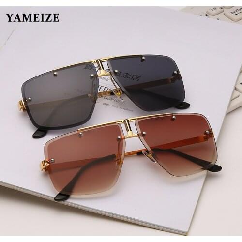 YAMEIZE Fashion Mens Sunglasses Rimless Sun Glasses Metal Frame Gradient Lens Pilot Goggles Flat Top Oversized Eyegalsses Gafas