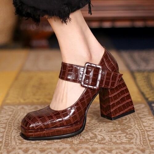 2021Fashion Women High Heel Shoes Spring/Summer Ladies Leather Mary Janes Shoes Womens Square Heels Pumps For Girls Black/Brown