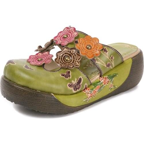 New Leather SandalsRetro thick-soled slippersHigh heel leather slippersLeather shoesFlower slippersHandmade sandalsSummer women