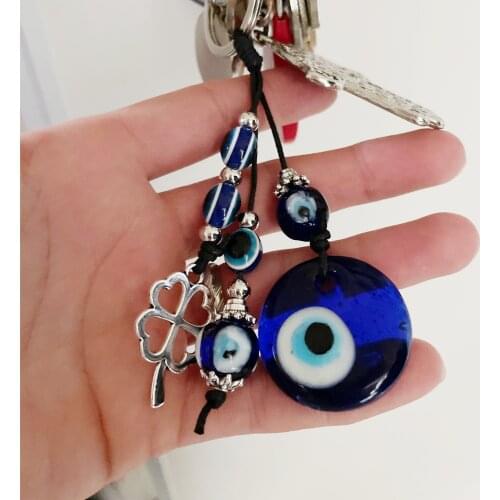 Alloy Clover Shape Charm Car Keychain Fashion Jewelry Pendant With BULE EVIL EYE BEAD