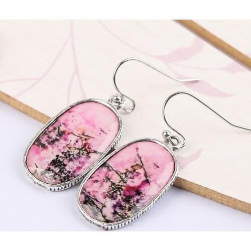 Simple Oval Pink Stone Dangle Earrings Vintage Silver Color Stud Earrings For Men Women Wedding Party Fashion Jewelry Gifts