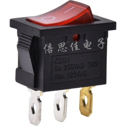 10pcs/Rocker switch KCD1-101 Belt Red light 3 Pin 2 files 6A/250V 10A/125V Ship type switch