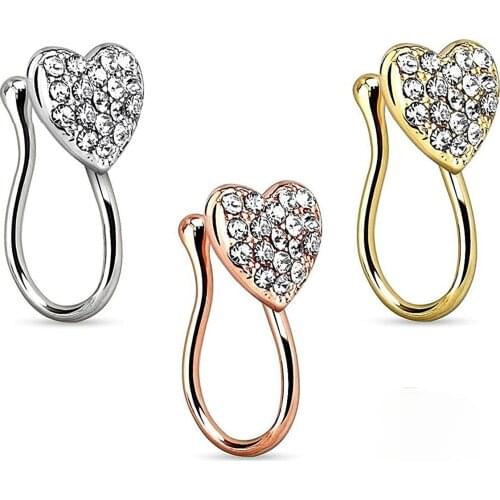 Sexy Fashion Love Heart Shape Stainless Steel Body Jewelry, 1PCS Fake Nose with Rhinestones, Imitation Perforated Ring