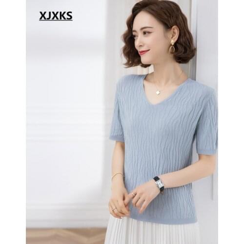 XJXKS Fashion V-neck short-sleeved top women T-shirt 2021 summer new solid color all-match fashion women casual T-shirt