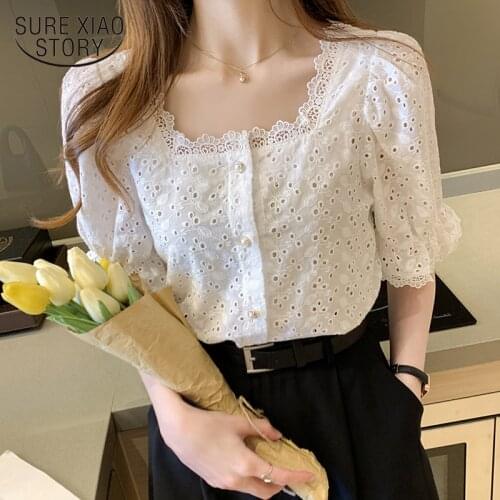2021 Summer Shirt Korean Style Wild Lace Shirt Women Square Collar Short Sleeve Hollow Out Vintage Elegant Blouse Blusas 13934