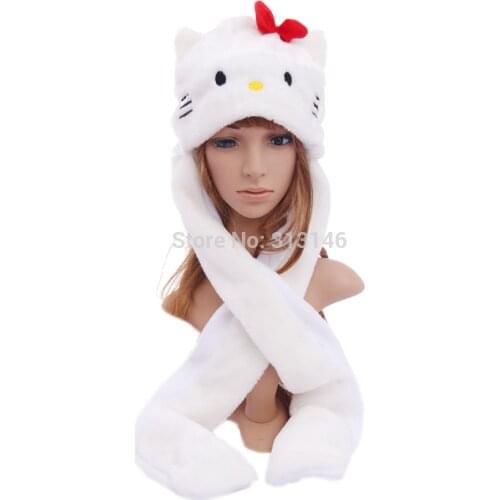 Cartoon Plush Animal Faux Fur Full Hood White Cat Hat Women Girls Kids Costume Beanie with Long Scarf Mittens Gloves Earmuffs