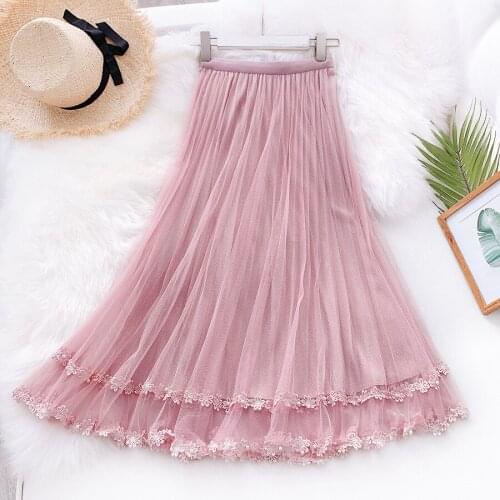 2020 Pure Color Lace Crochet Flower Hem Summer Long Vintage Women High Waist Boho Skirt Faldas Jupe Femme Saia