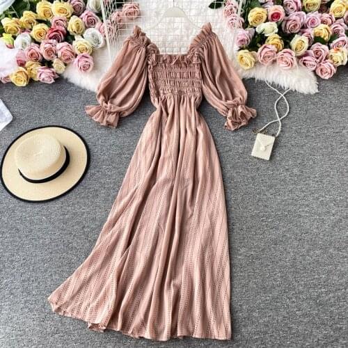 Women Fashion Flare Short Floral Puff Sleeve Square Collar Striped Casual Summer Dress Elastic Solid