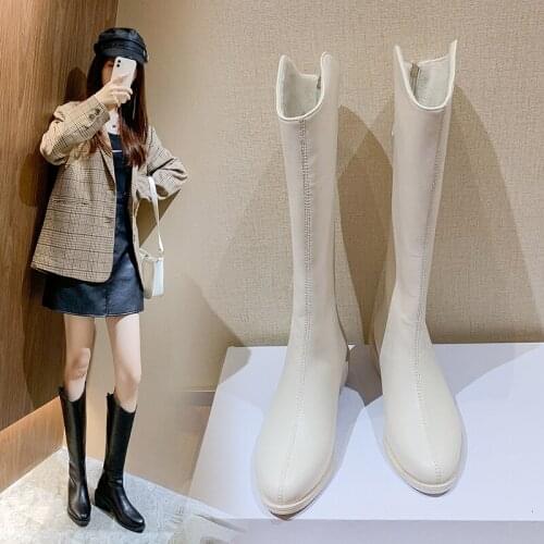 Round Toe White Shoes Women Boots Over Knee Booties Woman 2021 NEW Low Heel Boots-women Over-the-knee Rubber Pointy Mid