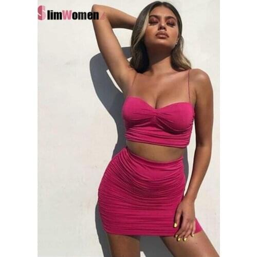 Summer Clothes for Women Sexy Club OL Outfits Pink Double Layer 2 Piece Set Women Solid Crop Top Mini Ruched Two Piece Skirt Set