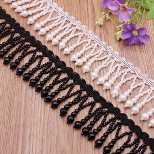 1Yards Black White Silk Tassel Fringe Trim Pearl Tassle Beaded Lace Beaded Fringe Ribbon Clothing Curtain Pearl Pendant Tassels