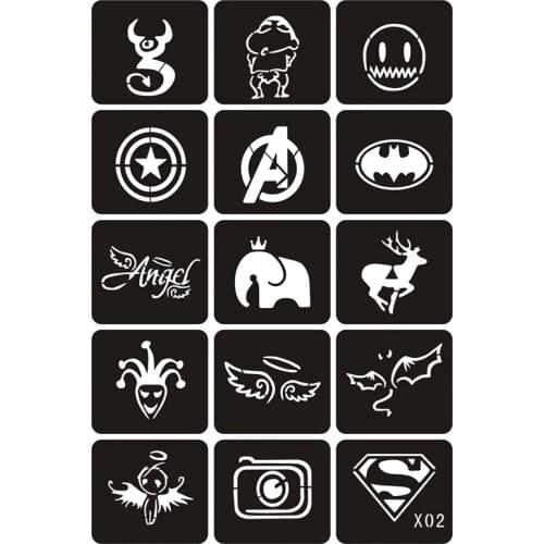 15pcs Glitter Tattoo Stencils Woman Girl Kids Drawing Template,Small Wings Bats Super Cartoon Airbrush Tattoo Stencil 6*4.8cm X2