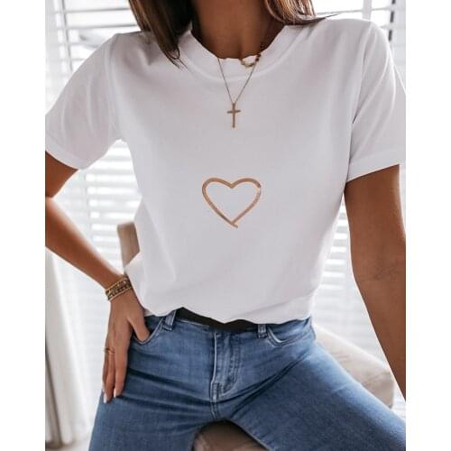 2020 Summer Women New Fashion Heart Print Short Sleeve Casual T-shirt Heart Print Casual O Neck Basic Tee Female T Shirt
