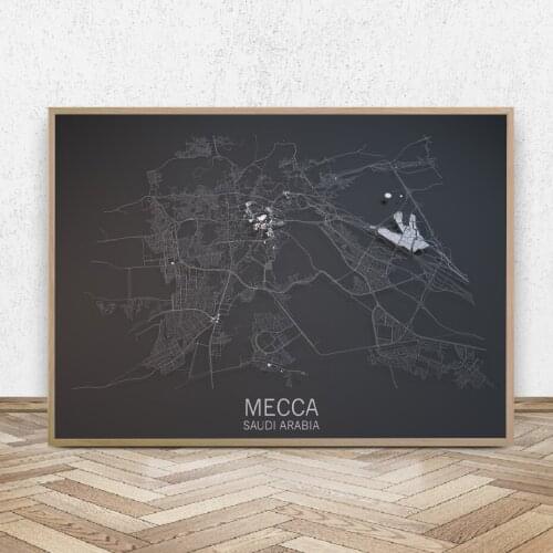 3D Mecca City Map Saudi Arabia Posters Wall Art Prints Canvas Paintings Latitude and Longitude Pictures Living Room Home Decor