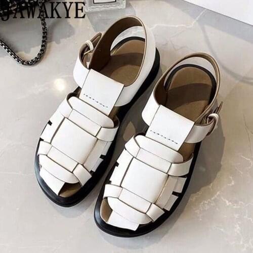 Round toe Thick Bottom Rome Sandals Mules Women Black Beige Hollow Out Weave Leather Shoes Summer Casual beach flat Shoes woman