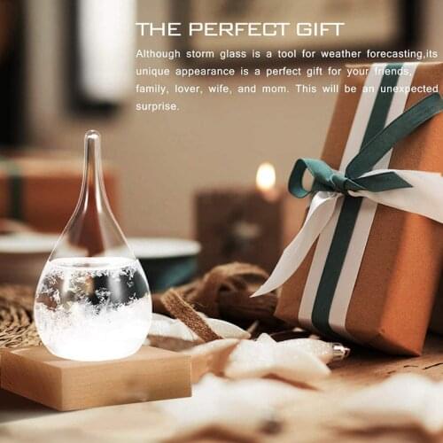 Tempest Glass Predictor Weather Forecast Decorative Barometer Drops-Shaped Small Bottle Gift with Wooden Base J2Y