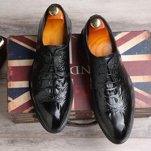 Yomior Crocodile Autumn Business Casual Men Shoes Real Leather Formal Dress Loafers Black British Work Wedding Oxfords Lace-up