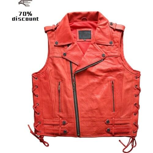 2020 Red Men American Motorcycle Leather Vest Plus Size XXXL Genuine Thick Cowhide Slim Fit Bikers Leather Vest FREE SHIPPING