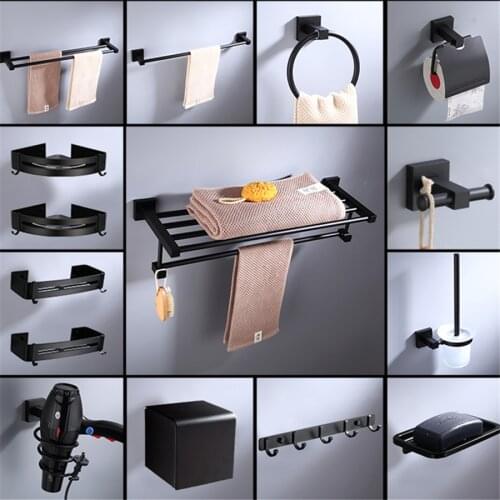 Bathroom Accessories Set Black Finish Wall Toilet Paper Holder Towel Bar Shelf Brush Holders Robe Hook Bath Hardware Set