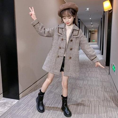 Turn-down Collar Autumn Winter Plaid Outerwear New Sale Woolen Baby Girls Coat 2 Colors For 3-12 Year Mid Big Children Clothing