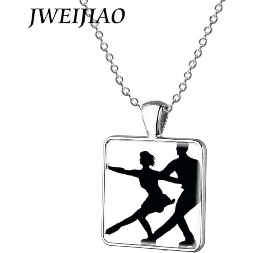 JWEIJIAO Pair Skating And Ice Dancing Figure Pendant Necklace Women Men Figure Skating Necklace Square Pendant Jewelry ST10
