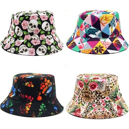 Adult Unisex Casual Cotton Skull Floral Printed Bucket Hats Sun Protection hat Female Floldable Fisherman Cap Panama