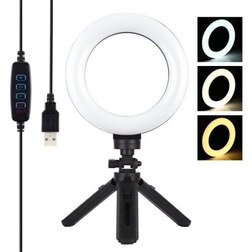 PULUZ 6.2 inch 16cm USB 3 Modes Dimmable LED Ring Vlogging Photography Video Lights + Pocket Tripod Mount Kit with Ball Head