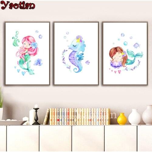 Sale Triptych Diamond embroidery Cartoon Mermaid Seahorse mosaic Diamant painting 5d puzzle handmade crystal painting 3 piece