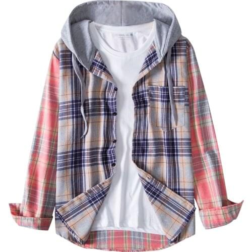 Lattice Patchwork Shirts Mens Blouses Casual Loose hooded Camicias Korean Street Long sleeve Blouses Oversized Buttons tops