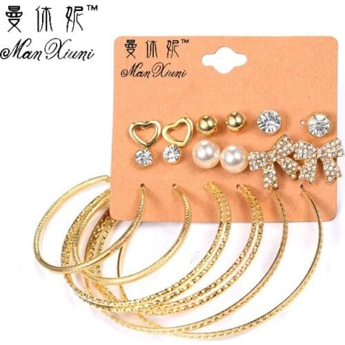 9 Pairs/lot Punk Heart Bow Stud Earrings set for Women Crystal Bowknot Earing Big Circle Studs Bijoux Femme Brincos Aros