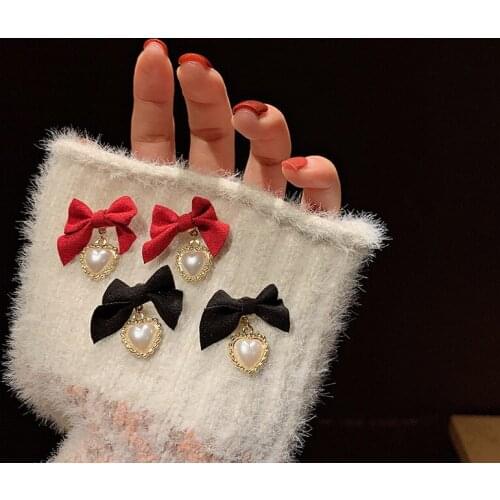 French retro design bow imitation pearl drop earrings Korean fashion jewelry red fabric bow princess earrings for women