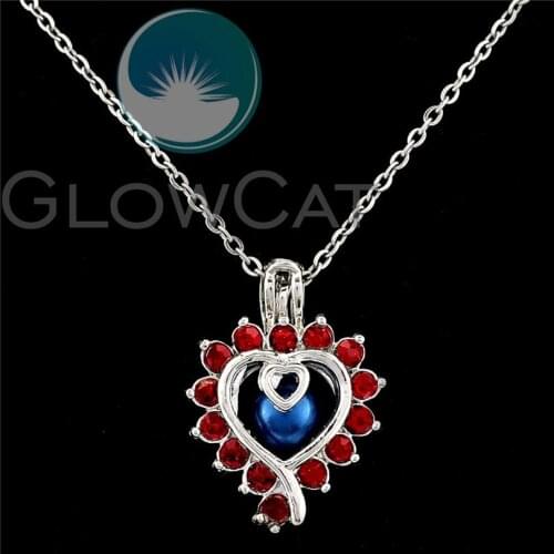 Sparkling Rhinestone Red Heart Beads Pearl Cage Perfume Diffuser Pendants Locket Necklace K1063