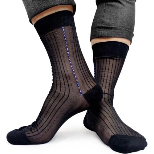 Thin sheer Nylon Silk Socks for Business Men Striped Fetish Sexy See Through Male Dress suit socks Business Wedding Formal Sox