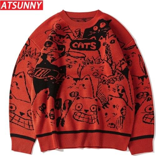ATSUNNY Embroidery Flower cat Harajuku Sweater Retro Style Knitted Sweater Autumn Cotton Pullover