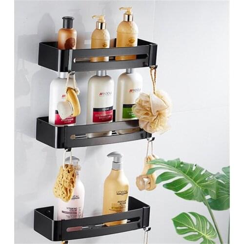 Modern Black Bathroom Space Aluminum Corner Shelf Bath Square Basket Hotel Single-layer Storage Rack Shower Caddy Wall Shelf