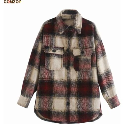 High quality women thick shirt plaid long sleeve woolen loose blusa vintage autumn coats woman casual shirts blusas de mujer