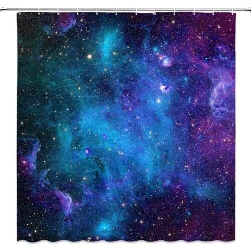 Blue Galaxy Nebula Colorful Starry Sky Bathroom Curtain Polyester Machine Washable with Hooks