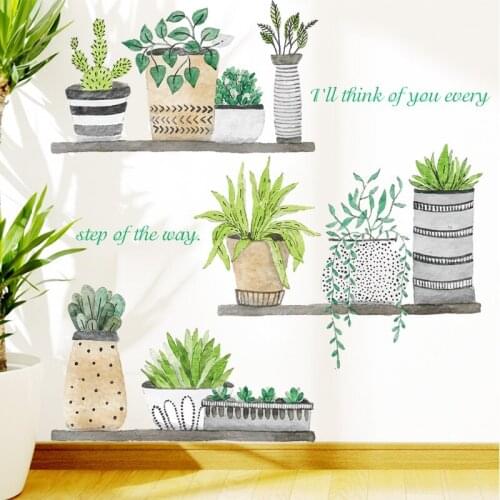 Green Plant Leaf Potted Cactus Wallpaper PVC Removable Waterproof Wall Sticker For Living Room Bedroom Home Decor Wall Decal