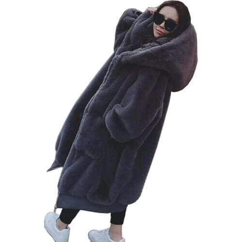 Oversized Winter Warm hooded Large size Long Solid color Faux Fur Coat 2019 New Casual Long sleeve Women Fur Jacket Outwear