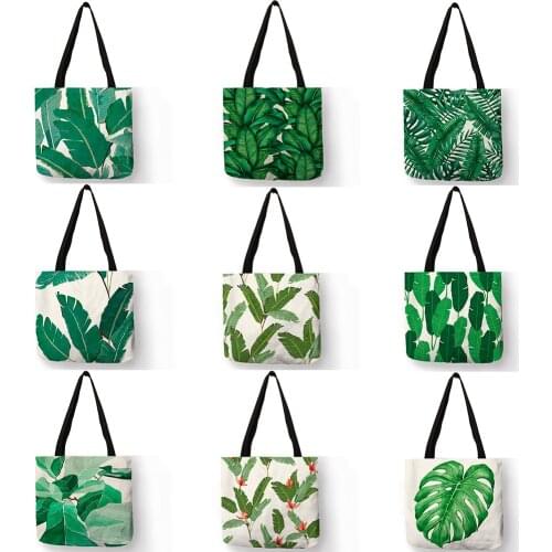 Super Fresh Style Women Lady Casual Shoulder Bag Tropical Green Plant Leaf Painting Handbag Daily Easy Carry Folding Linen Totes