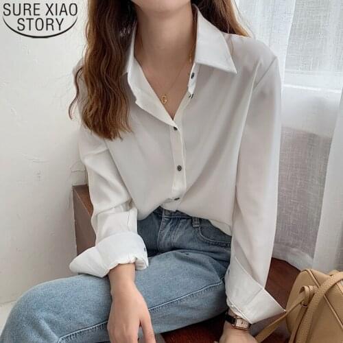 White Blouse Women Chiffon Shirt Office Lady Hong Kong Style Shirt 2021 Spring Vintage Long Sleeve Loose Blouse Plus Size 13167