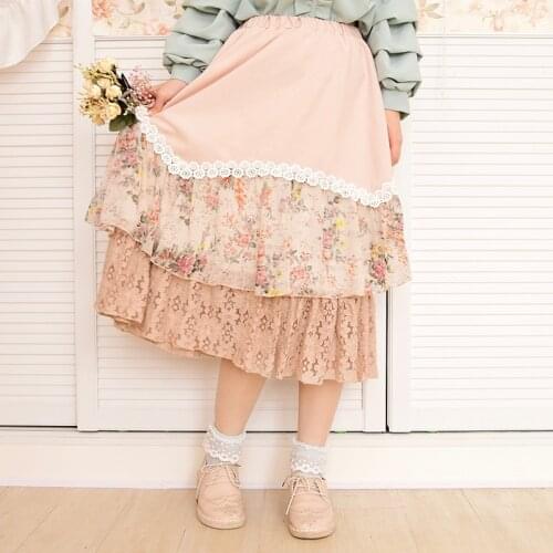 Japanese Mori Girl Hippie Boho Bohemian Floral Crochet Embroidery Patchwork Lace Ruffle Women Autumn Elastic Waist Skirt Faldas