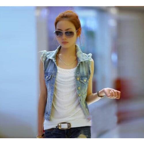 My New In Denim Vest Women Vintage Cardigan Jean Sleeveless Turn-down Collar Breasted Vests Jacket Casual Colete Coat