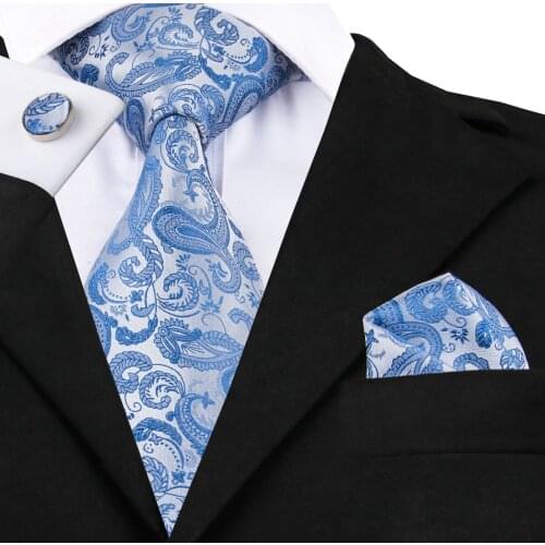 C-1618 Hi-Tie Light Blue Floral Necktie Hanky Cufflinks Set 100% Hand-Made Silk Jacquard Woven Ties for Mens Gift