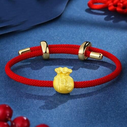 999 24K Yellow Gold Bracelet 3D Yellow Gold FU Coin Bag Bracelet Bring Lucky 1g