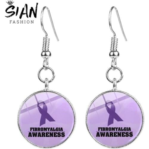 SIAN Purple Fibromyalgia Awareness Earrings Ribbon Butterfly Owl Art Photoes Glass Cabochon Earrings Women Girls Hopeful Jewelry