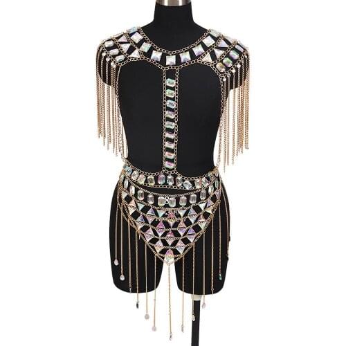 Body Chain Harness Shoulder Epaulette Crystal Jewelry Chest Belt Waist Skirt Sequins Top Set Plus Size Party Dance Rave Wear