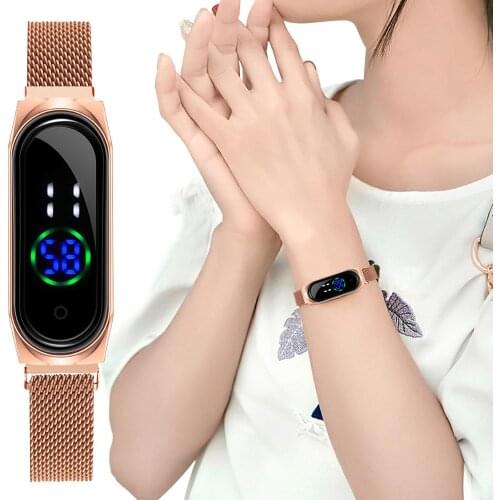 Ladies Watch Women Touch Screen LED Watches Rose Gold Magnetic Mesh Belt Electronic Clock Digital Wristwatches Relogio Feminino